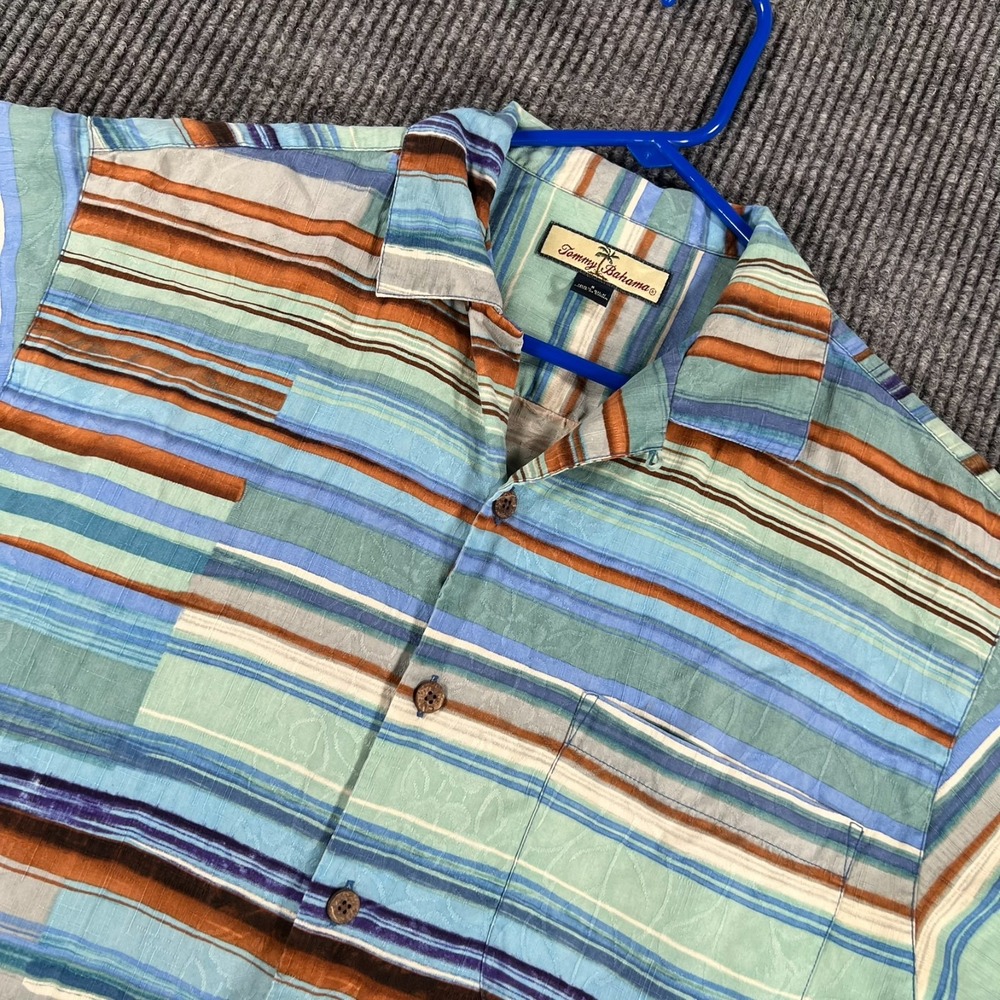 Tommy Bahama Shirt Mens Small Blue Striped Short Sleeve Button Up Silk Beach